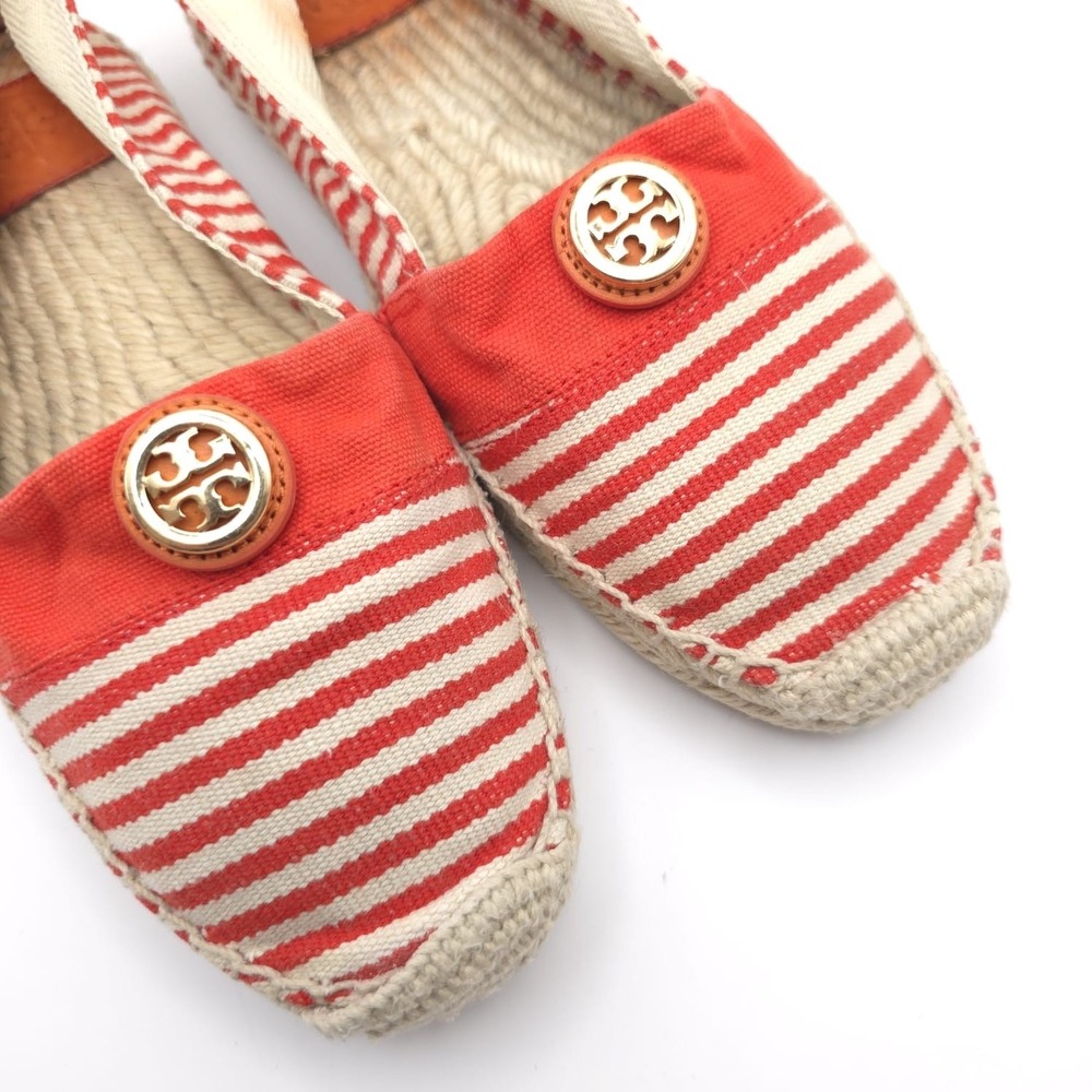 Tory Burch Striped Canvas Espadrilles Red Cream Logo Round Toe Flat Shoes 8 - Picture 3 of 10